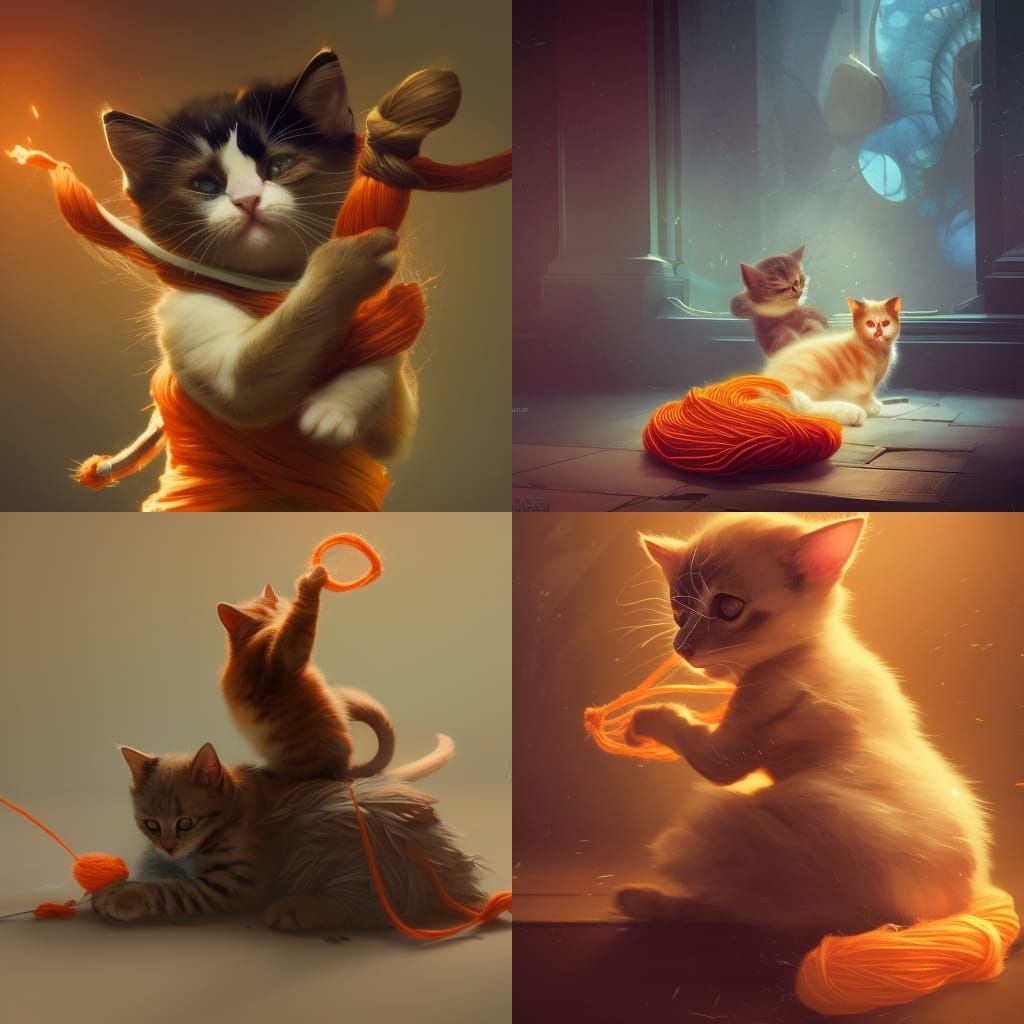 Hyperdetailed Kitten Plays with Yarn, Dynamic Lighting