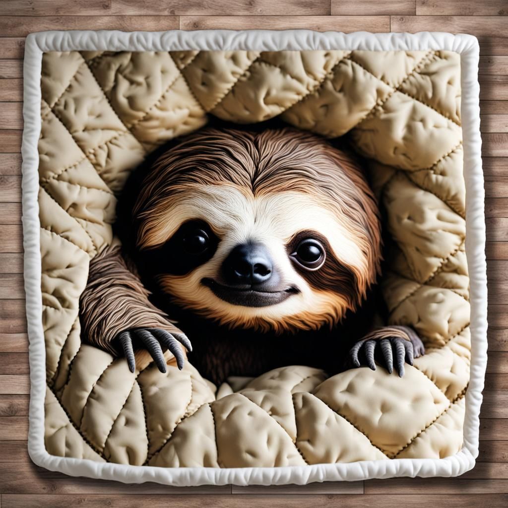 Baby Sloth Sewn Into Quilted Blanket