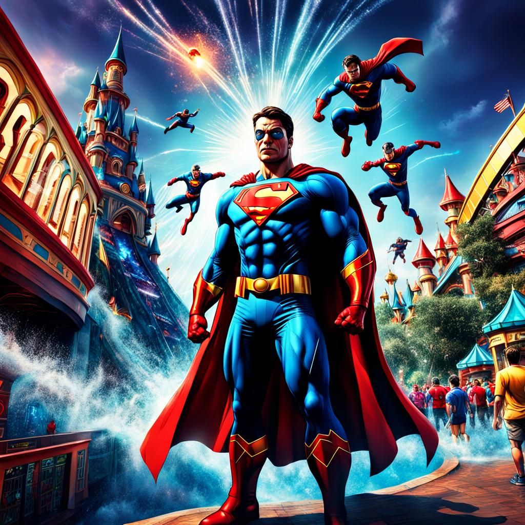 Superheroes on Vacation at a Theme Park