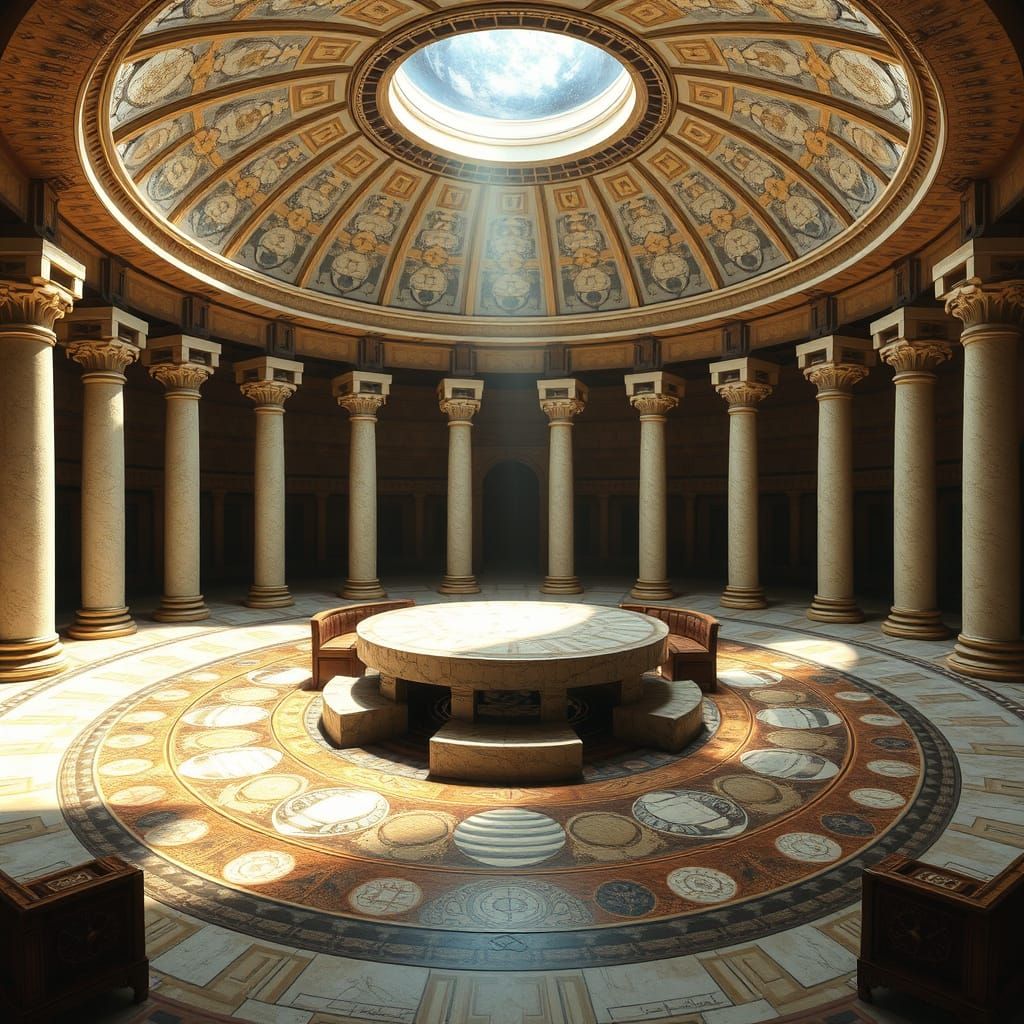 Surreal Council Chamber Illuminated by Crystal Oculus