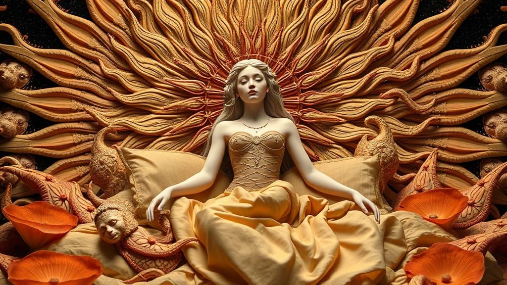 Celestial Woman in Surreal Sun Bed, Detailed Fairytale Art