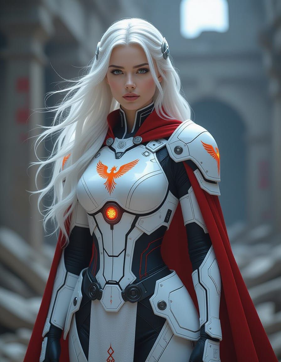 Serene Woman in High-Tech Armor with Phoenix Symbol