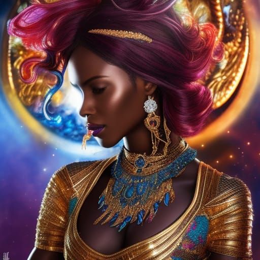 Goddess with Flowing Hair in Elaborate Collage