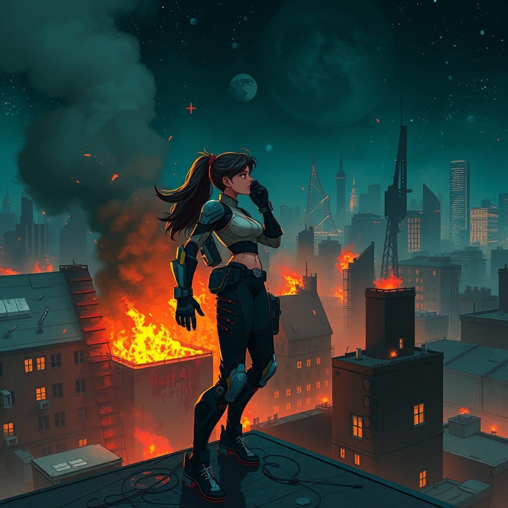 Cyberpunk Heroine Amidst Burning City Kiss