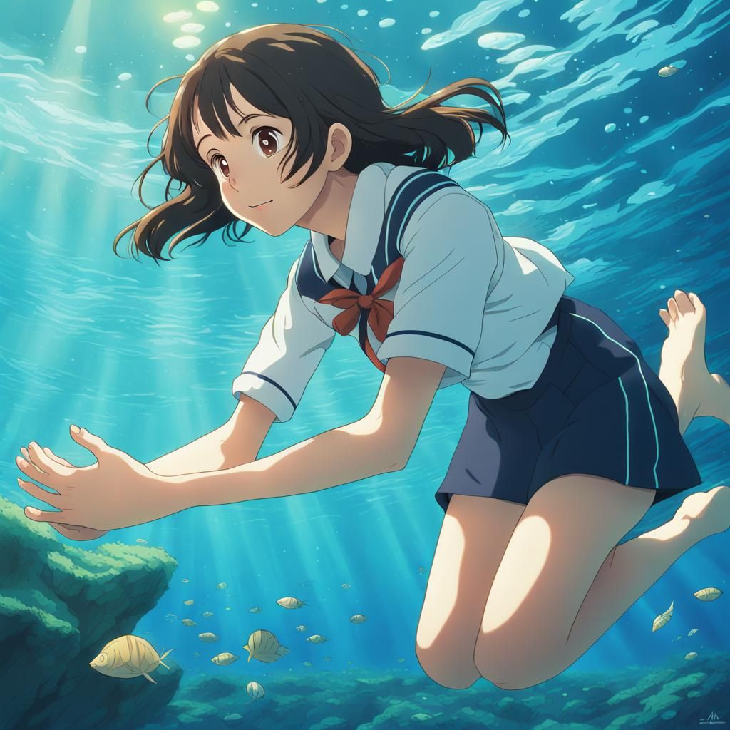 Girl Underwater in Ghibli Anime Style