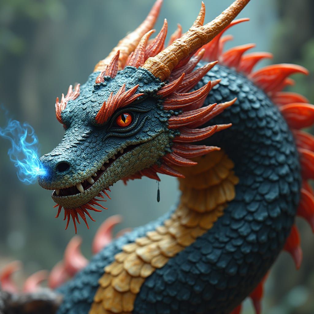 Majestic Dragon Breathing Blue Flames in Dystopian Style