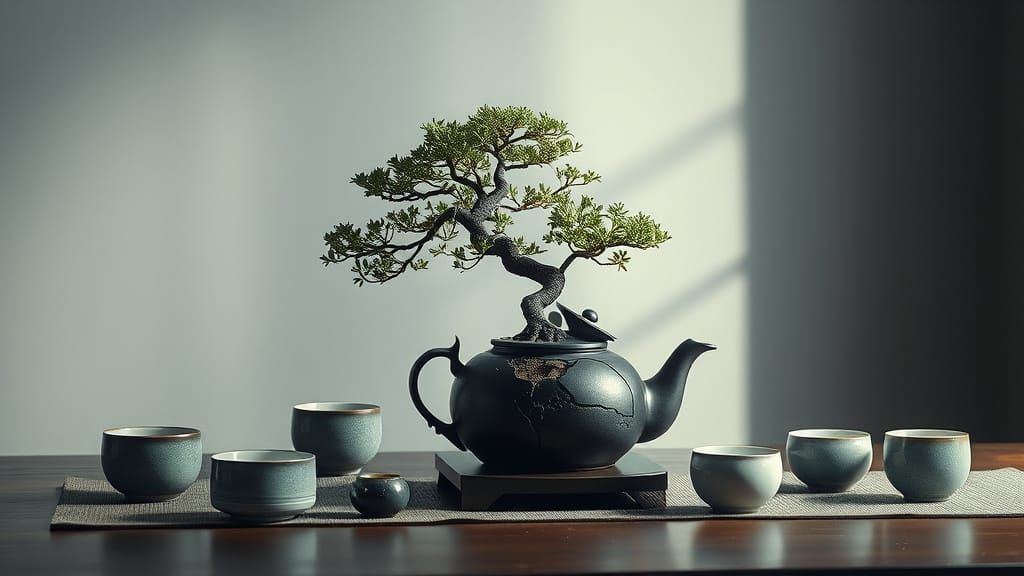 Elegant Tea Ceremony with Bonsai, Photorealistic Style