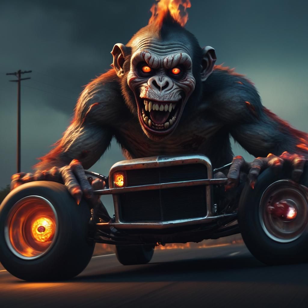 Zombie Monkey Clowns Speeding in Hot Rod