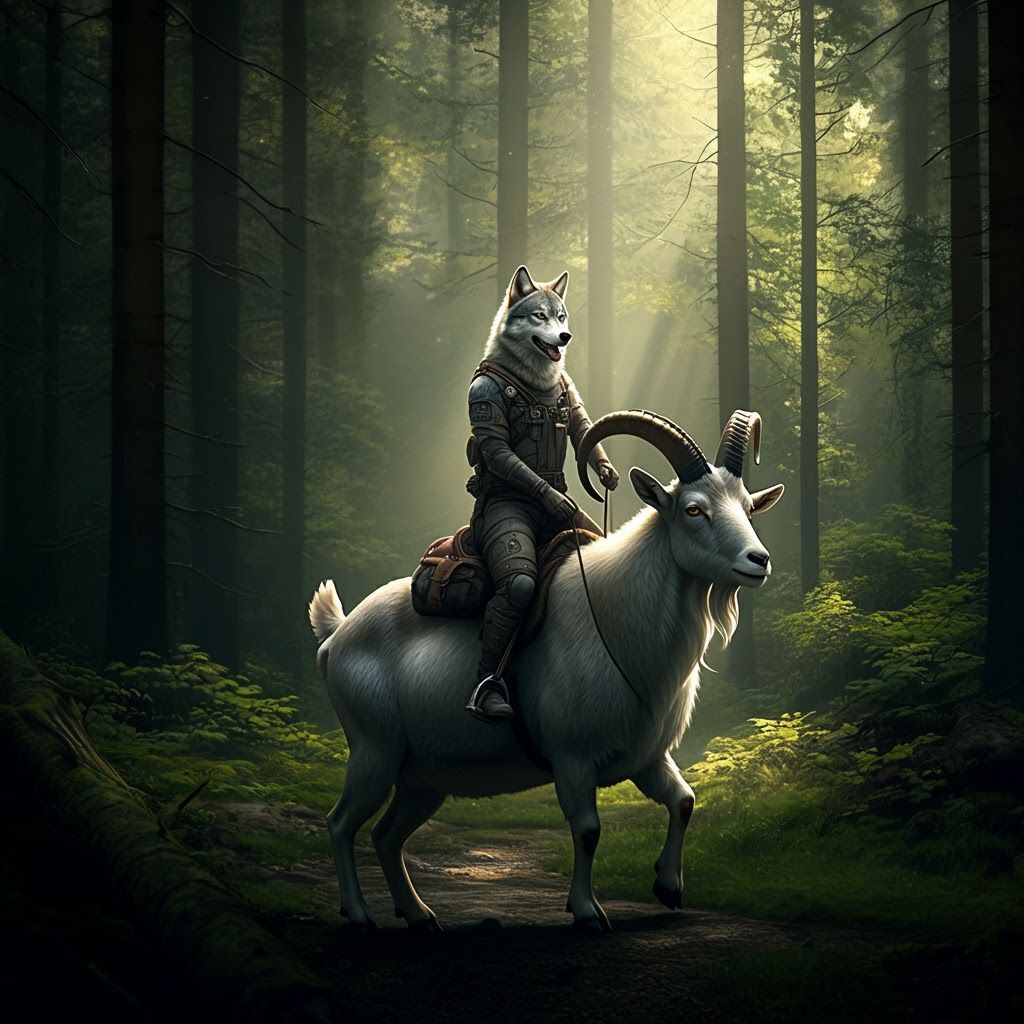 Wolf Rides Goat Through Forest with Dappled Light