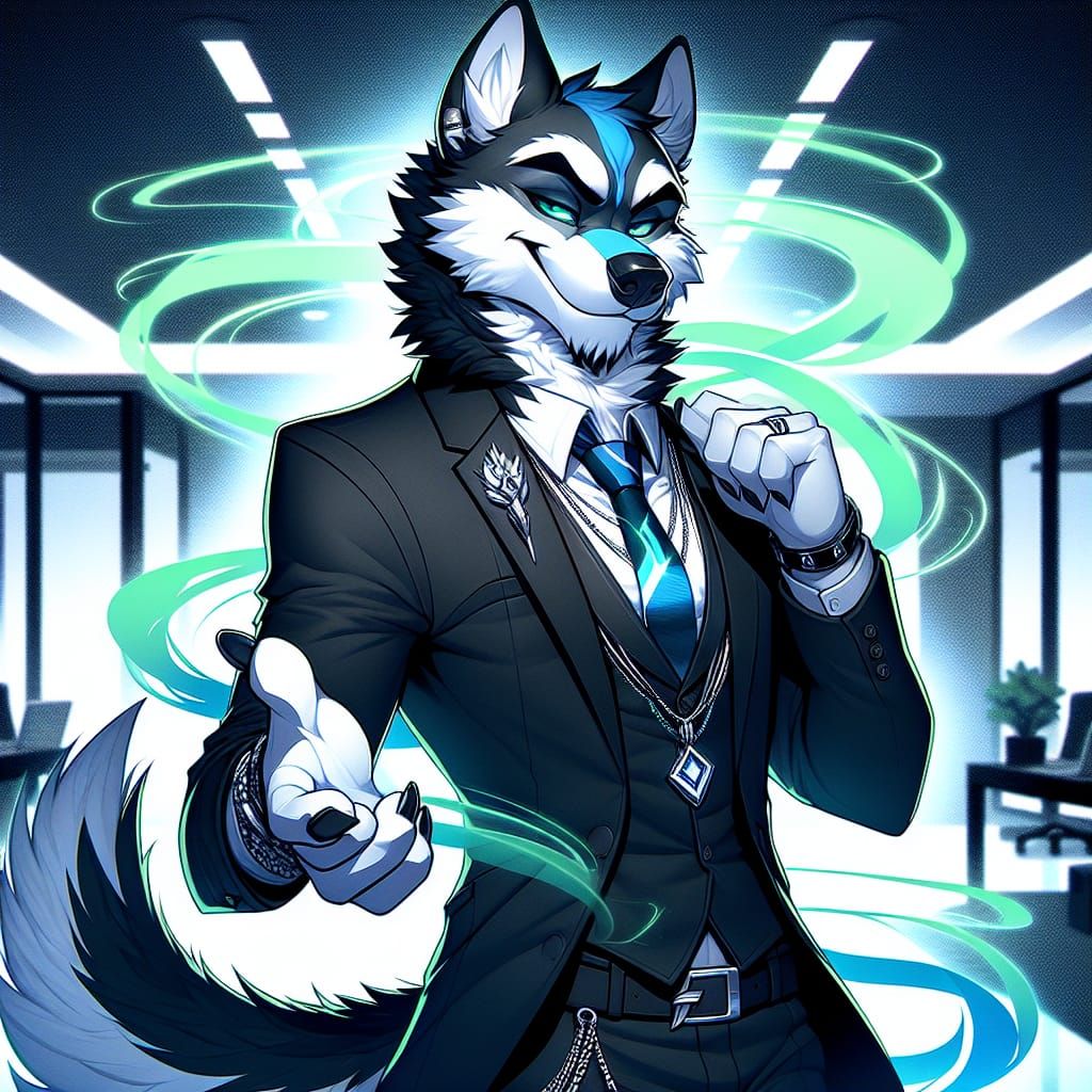 Anthropomorphic Lycan Siberian Husky in Anime Style Business...