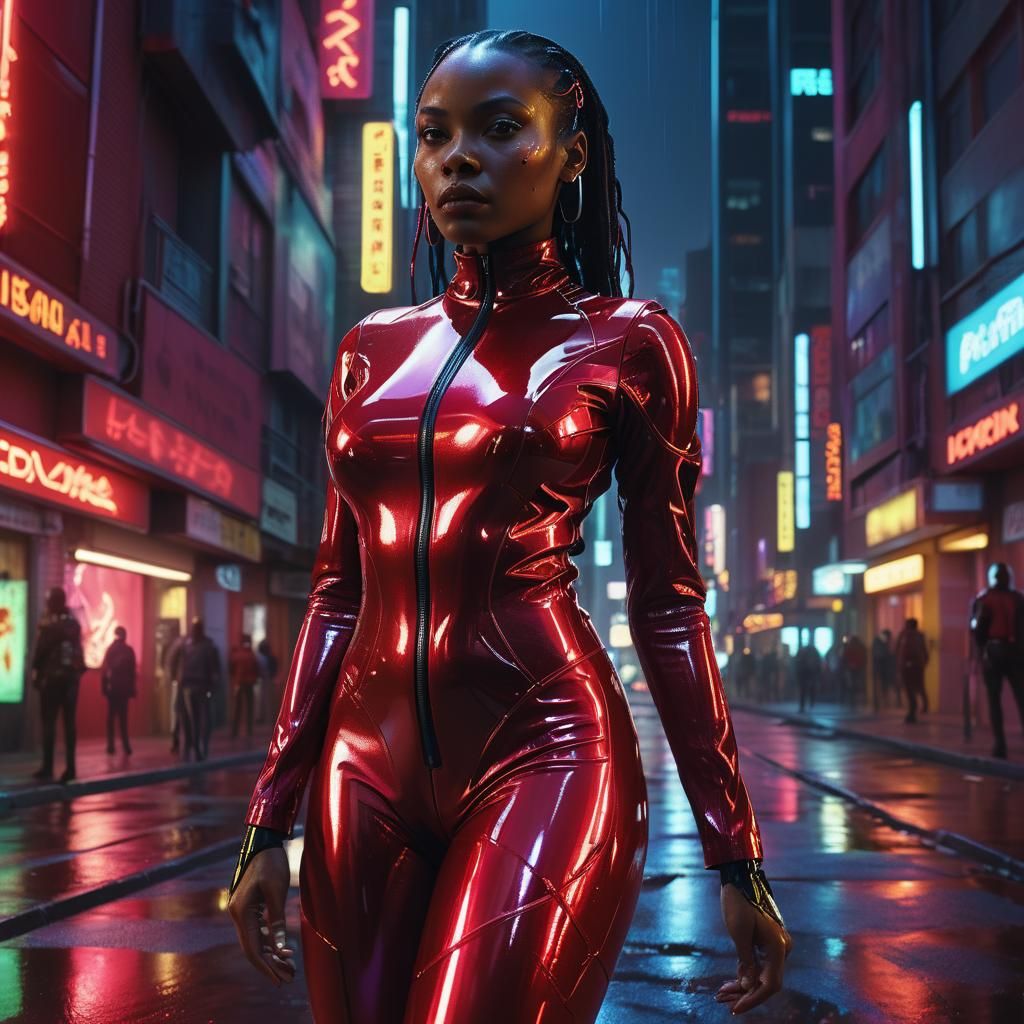 Cyberpunk Woman in Neon Cityscape