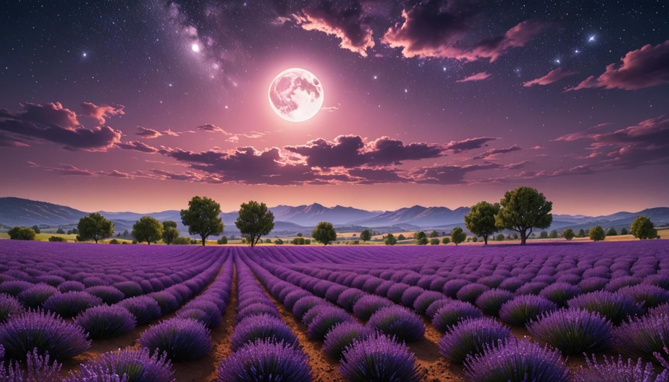 Lavender Field Under Moonlight: Fantasy Landscape