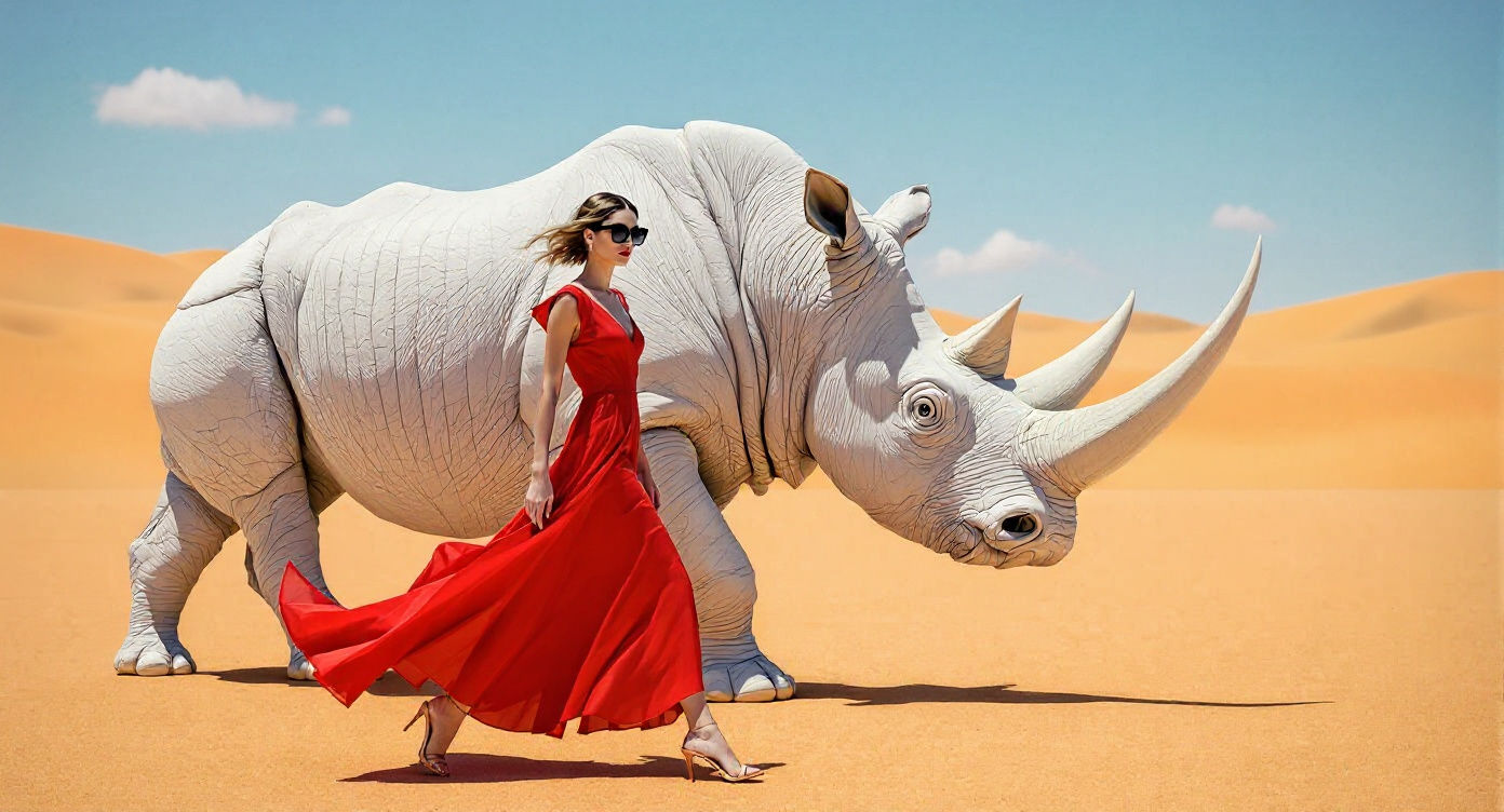 Model and Rhinoceros in White Desert, Fashion Photography