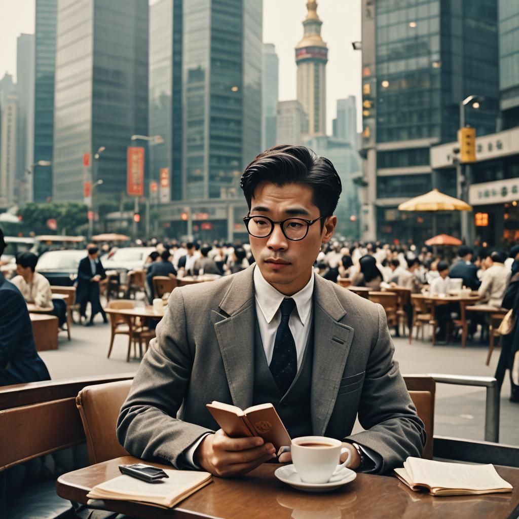 Asian Man Reading in Cafe: Vintage Film Photography