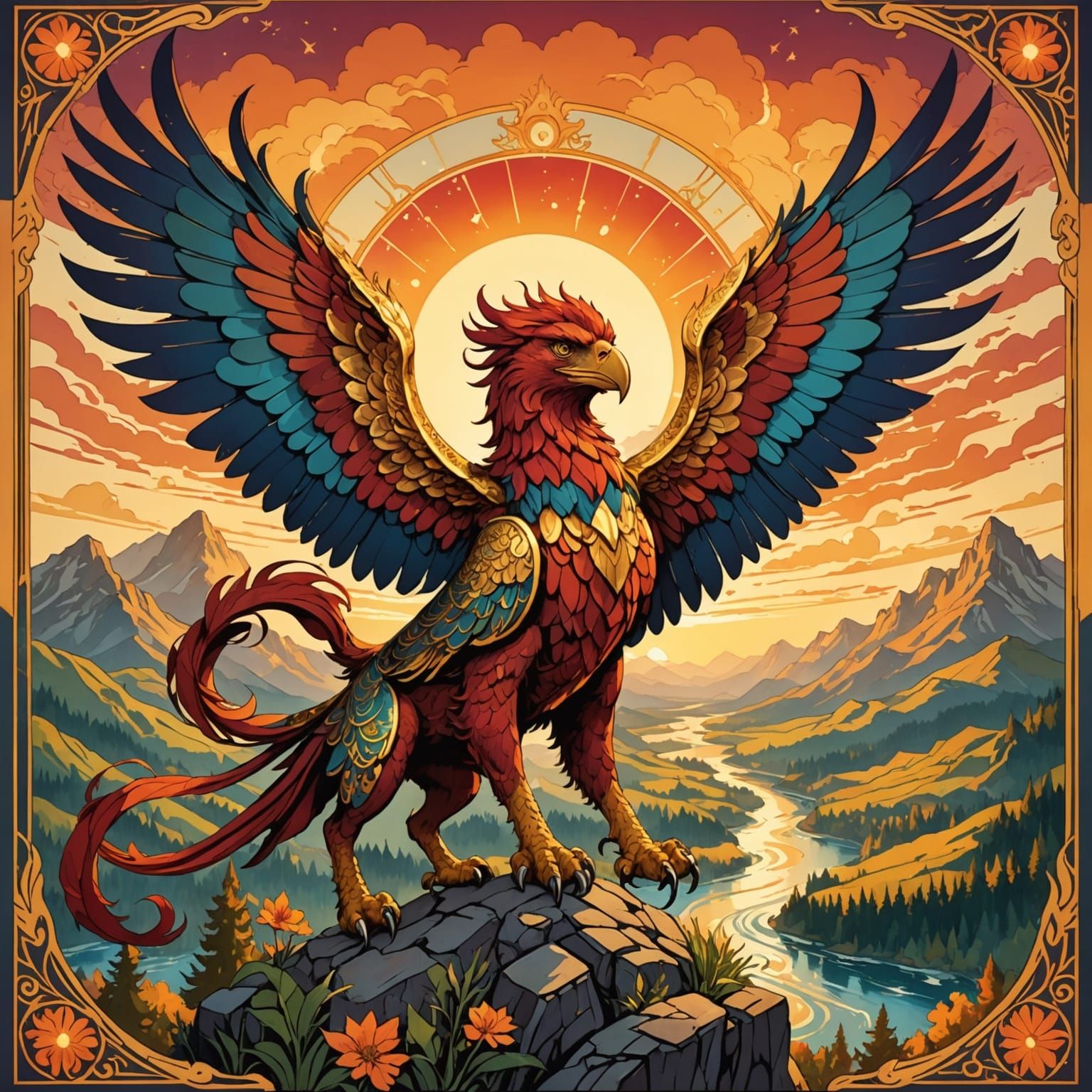 Majestic Griffin Soaring in Fantasy Landscape