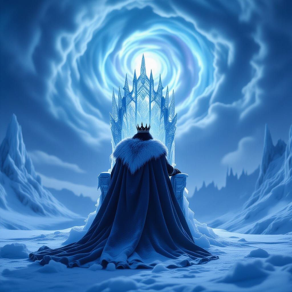 King on Ice Throne in Snowy Kingdom