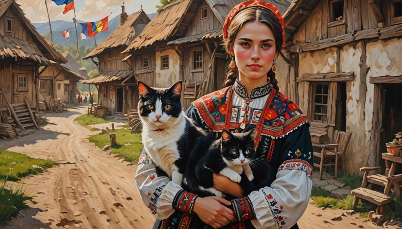Woman with Cat in Romanian Folk Art Style