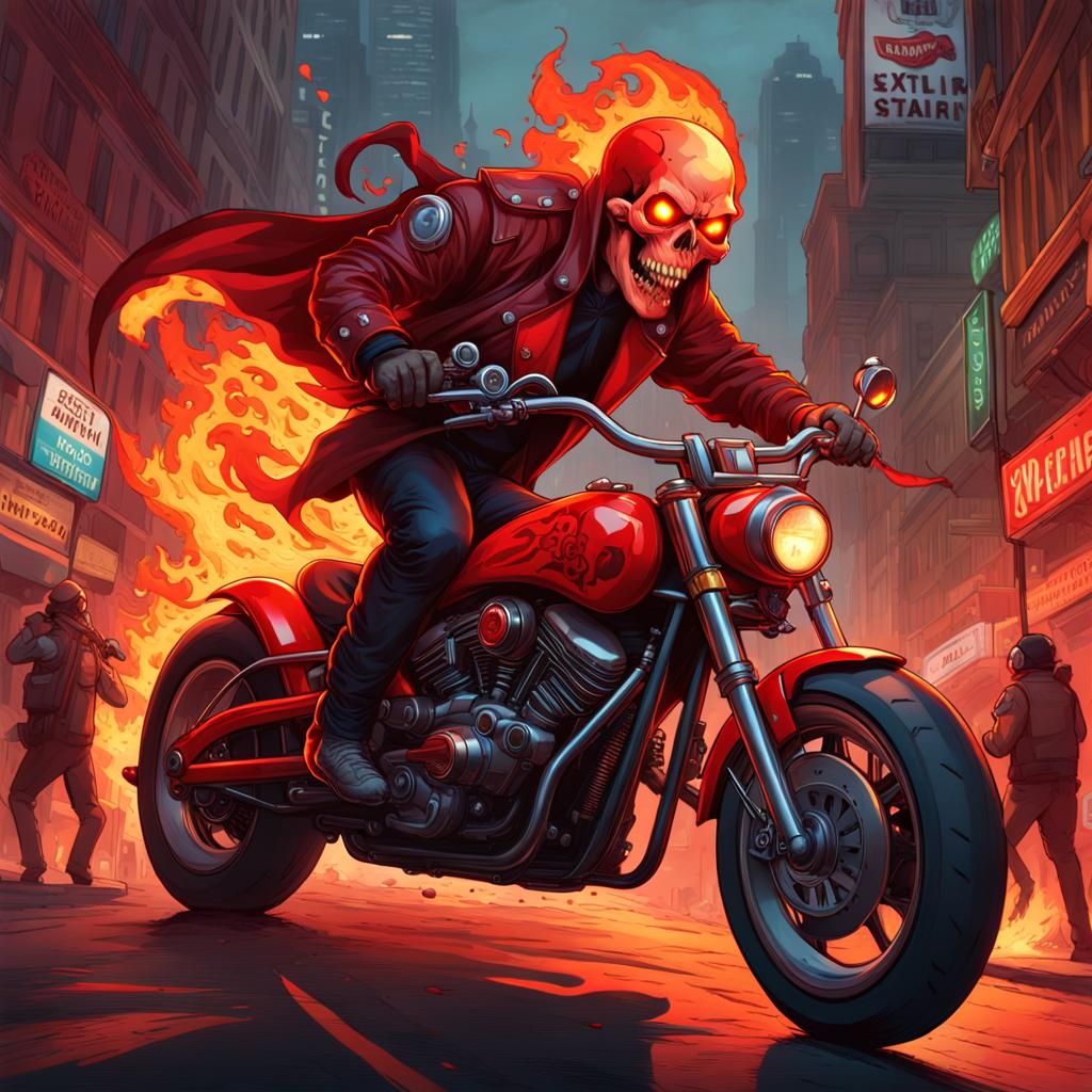 Cartoon Chili Pepper Skull Rides Motorbike