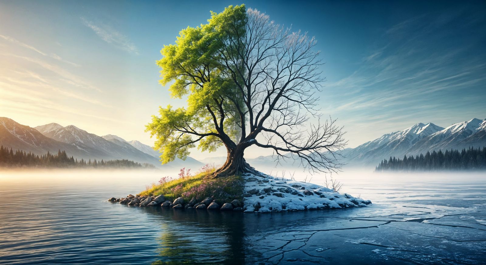 Island Tree Split Between Summer and Winter Seasons