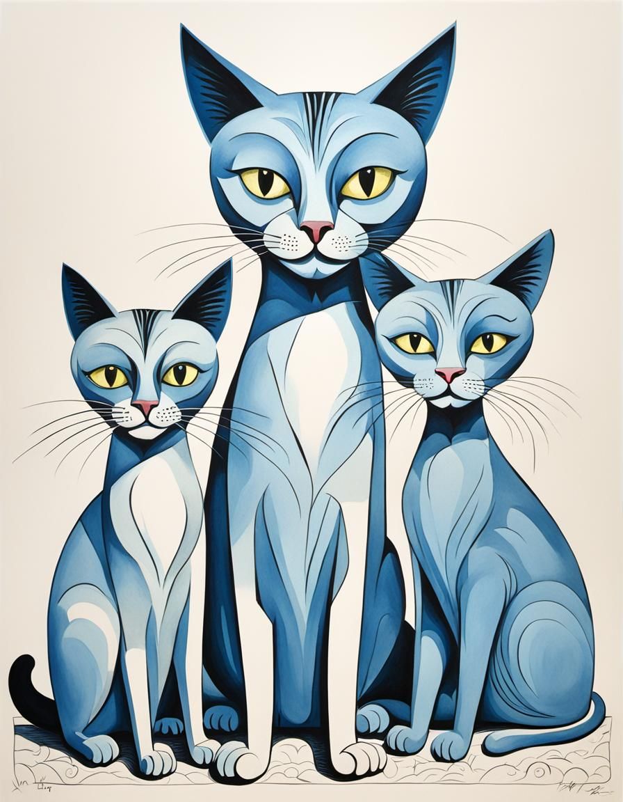 Three Cats in Hirschfeld's Line Art Style