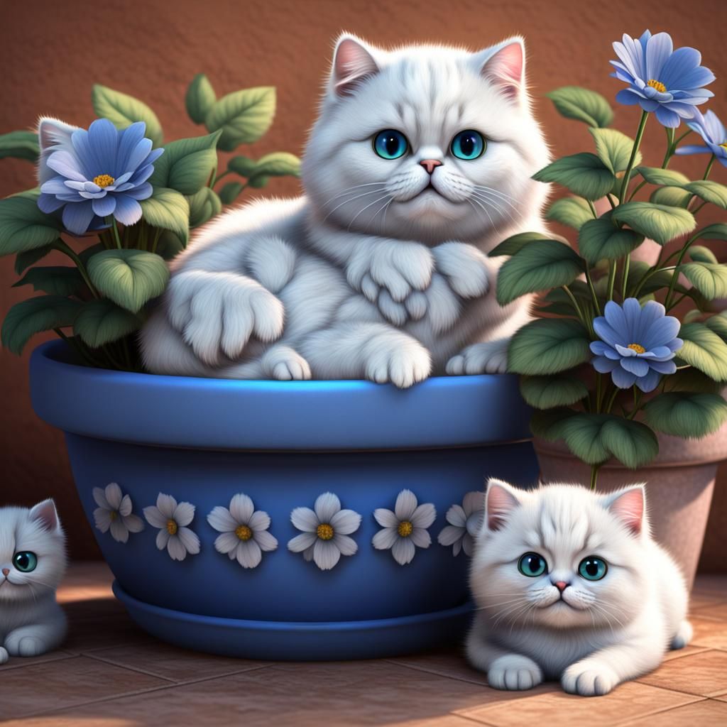 Persian Cat and Kittens in Flower Pot