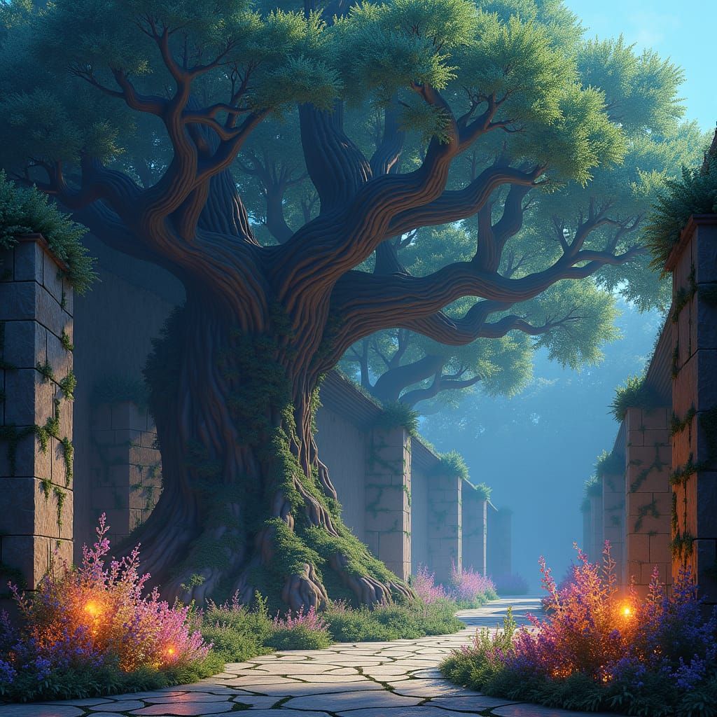 Cosmic Yew Tree in Astral Garden, Holographic Illustration