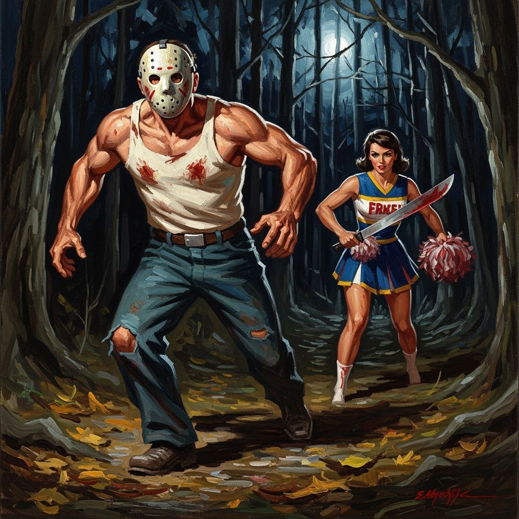 Manhunt in Forest: Oil Painting of Horror Scene