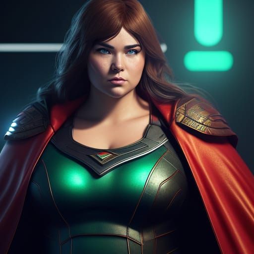 Chubby Female Superhero M Closeup in Realistic Anime Style