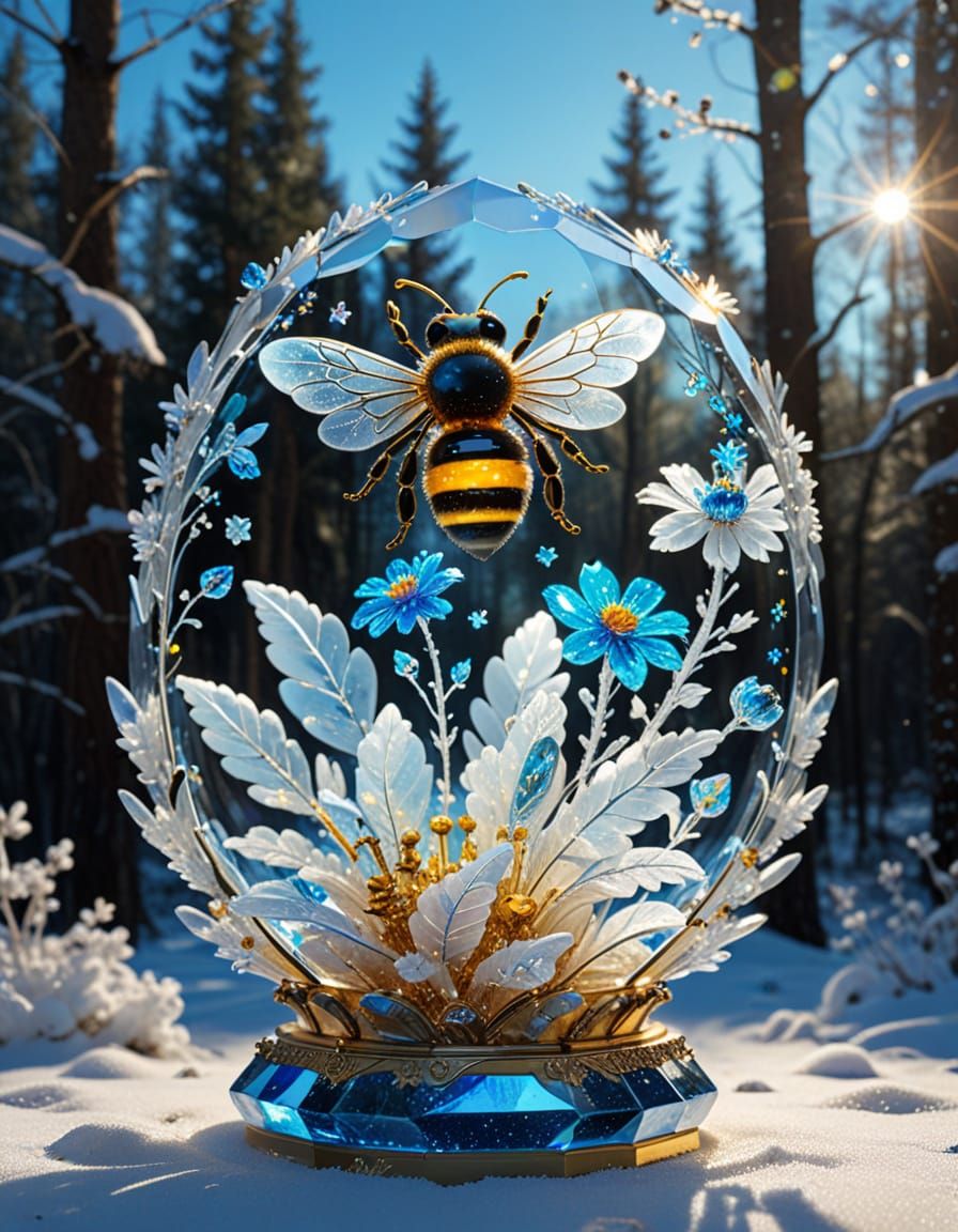 Luminescent Crystal Bee Sculpture in Snowy Forest