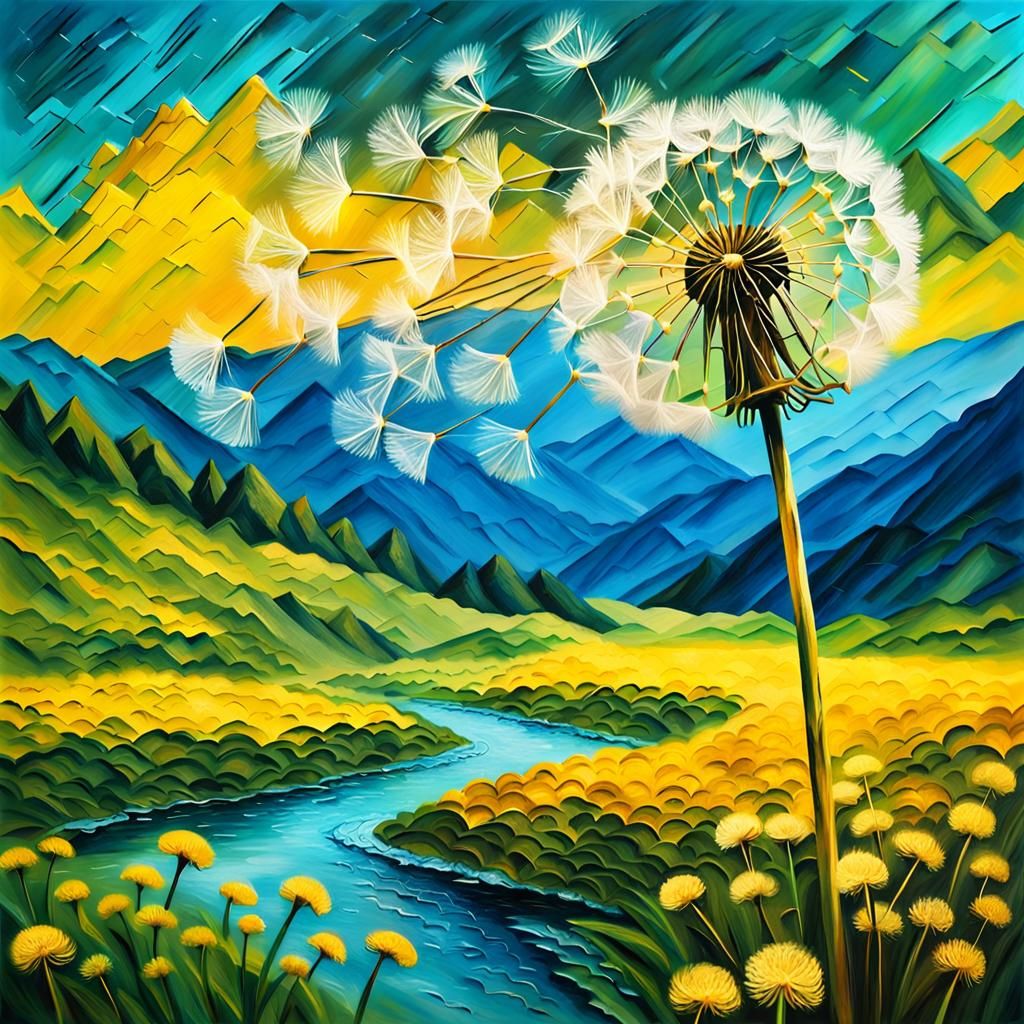 Dandelion Seedhead Flight: Impasto Landscape Art