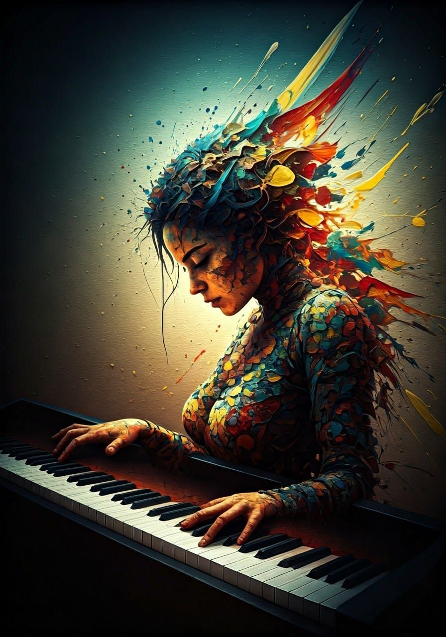 Abstract Pianist Formed from Vibrant Paint Splatters