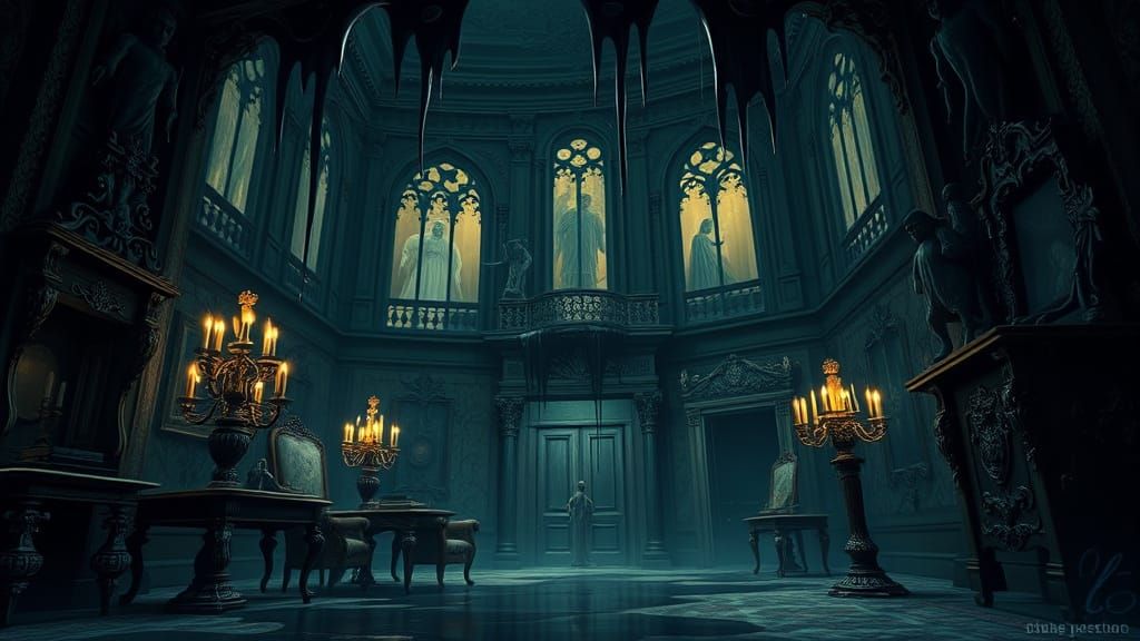 Melting Victorian Mansion with Ghostly Figures