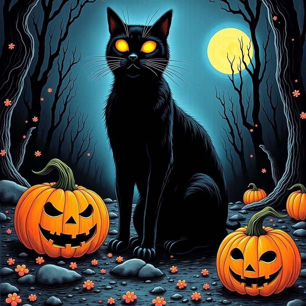 Eerie Black Cat Halloween Horror Comic Art