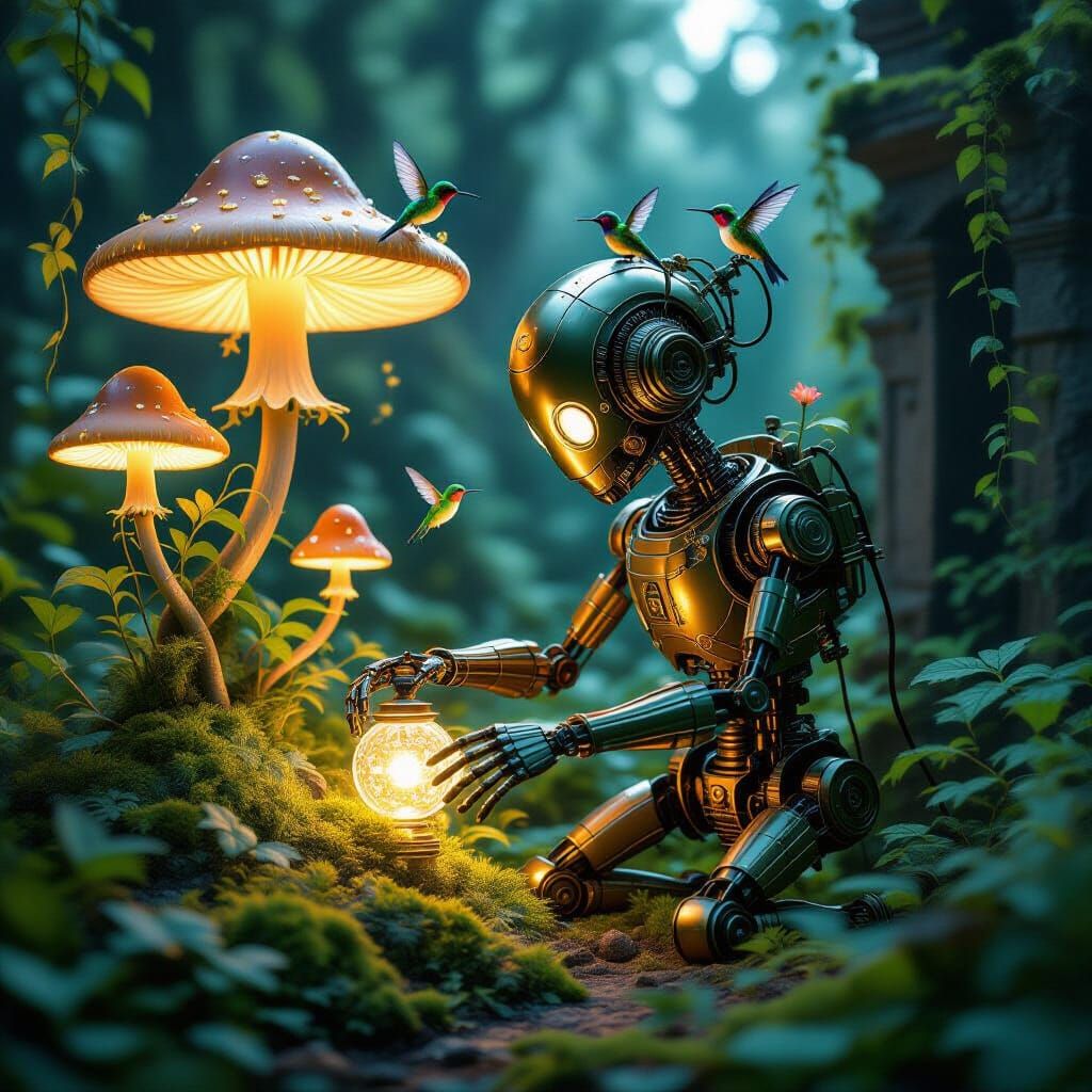 Brass Automaton Tends Bioluminescent Garden in Fantasy Conce...