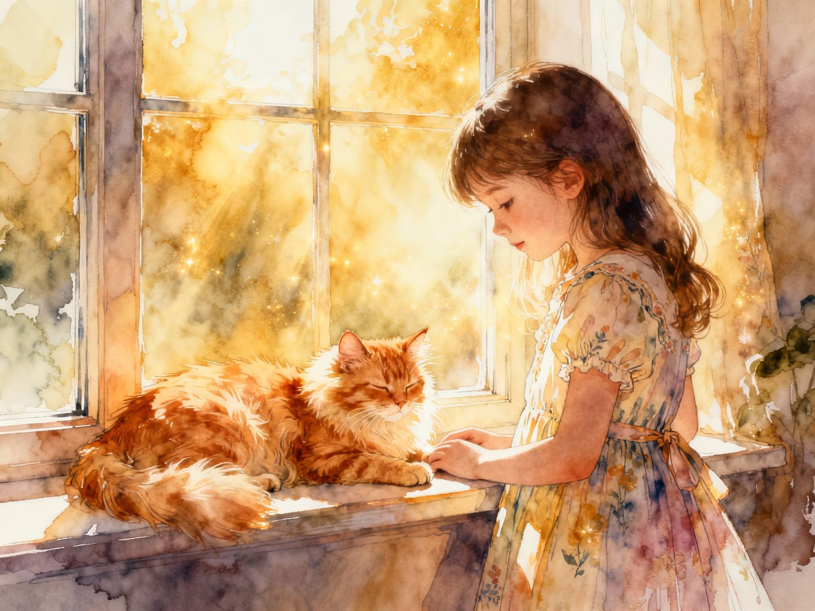 Cute Girl and Kitten on Windowsill, Fine Art Style