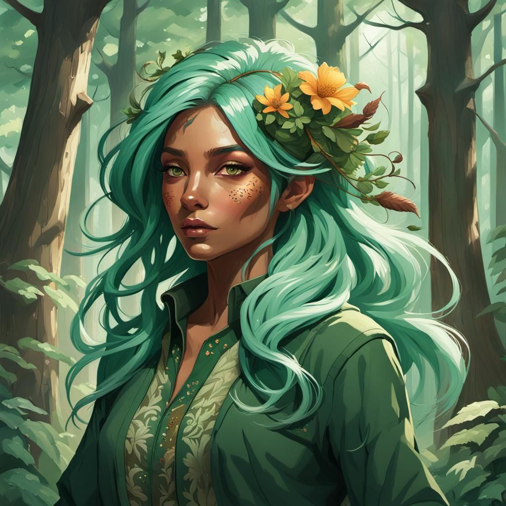 Green-Haired Girl Dancing in Woods, Hyperdetailed Portrait