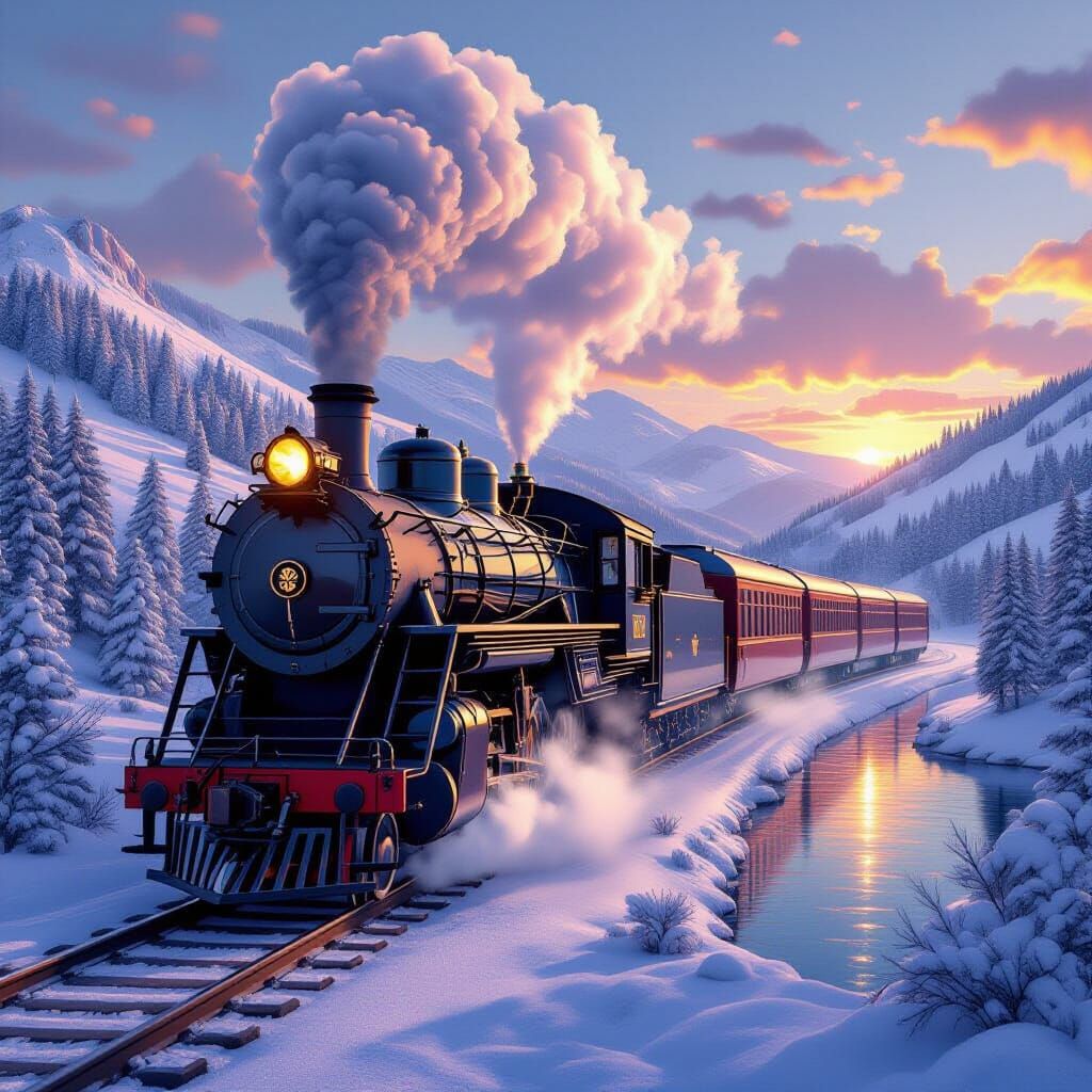 Elegant Steam Train in Winter Sunset Landscape