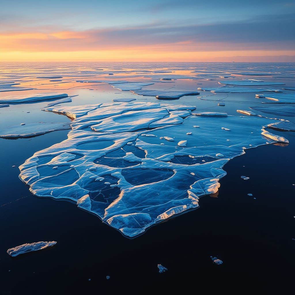 Crystal Ice Reflected in Dark Blue Sea at Sunset
