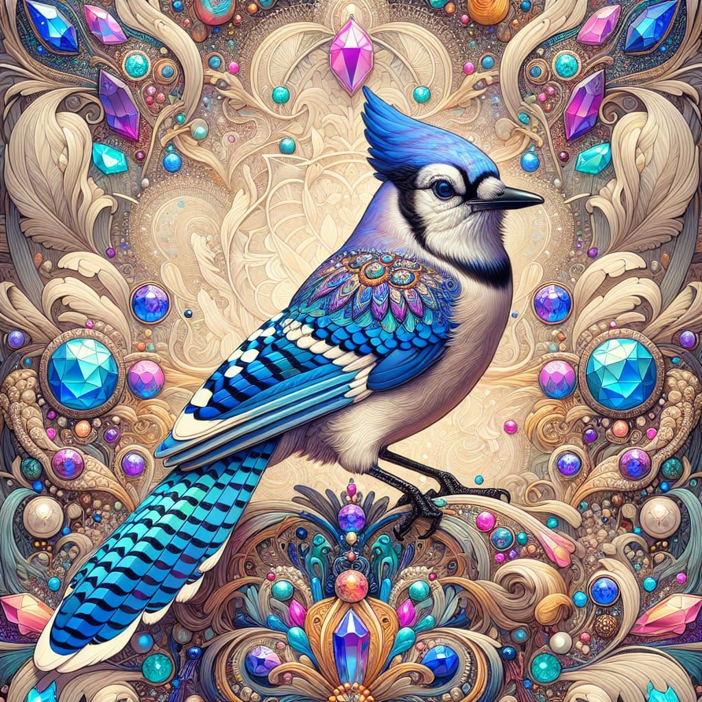 Psychedelic Bluejay Digital Art with Gems and Crystals