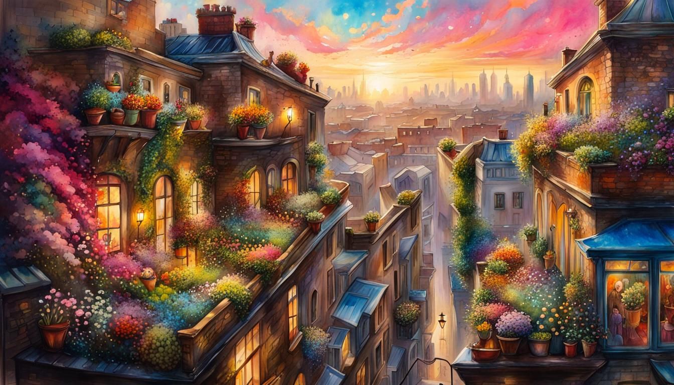 Rooftop Garden of Love: A Colorful Digital Masterpiece