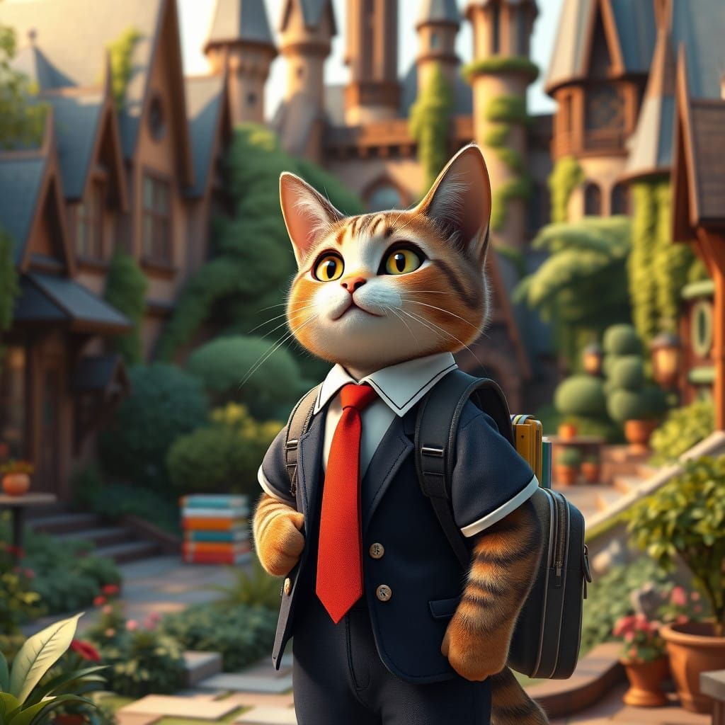 Cute Cat in School Uniform Stands in Whimsical Courtyard
