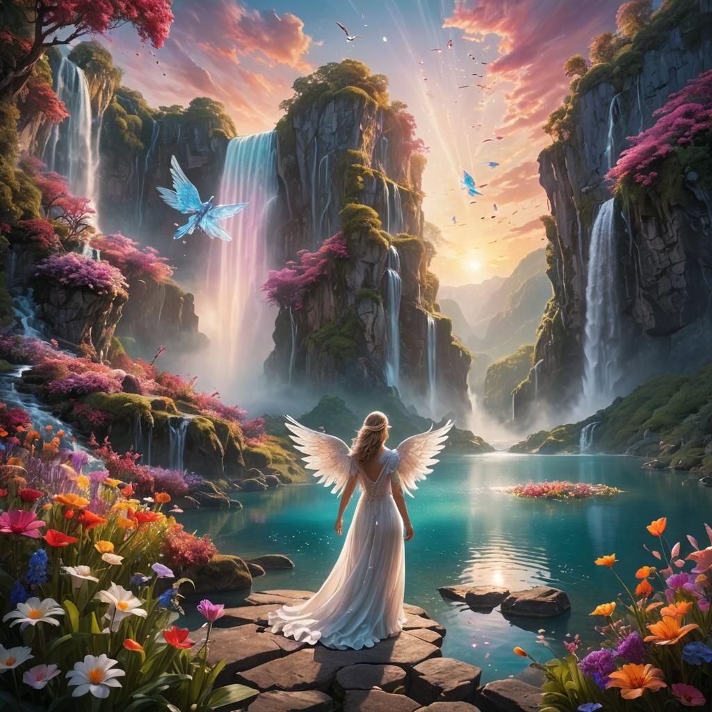 Angel Leads to Heaven in Surreal Landscape