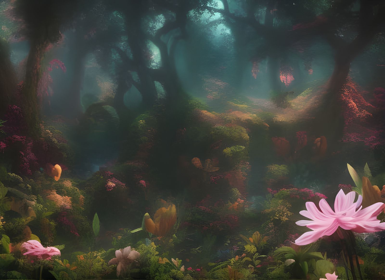 Surreal Garden with God Rays and Magical Particles