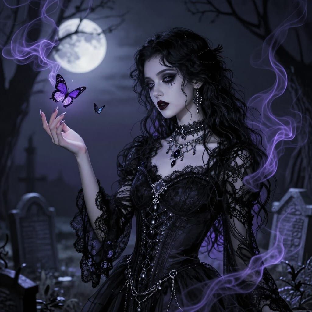 Goth Ingenue Necromancer in Moonlit Graveyard