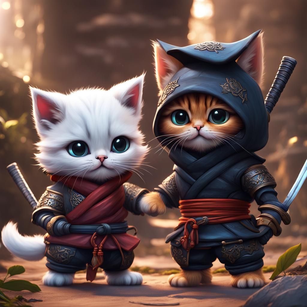 Cute Ninja Kittens in Detailed Digital Painting