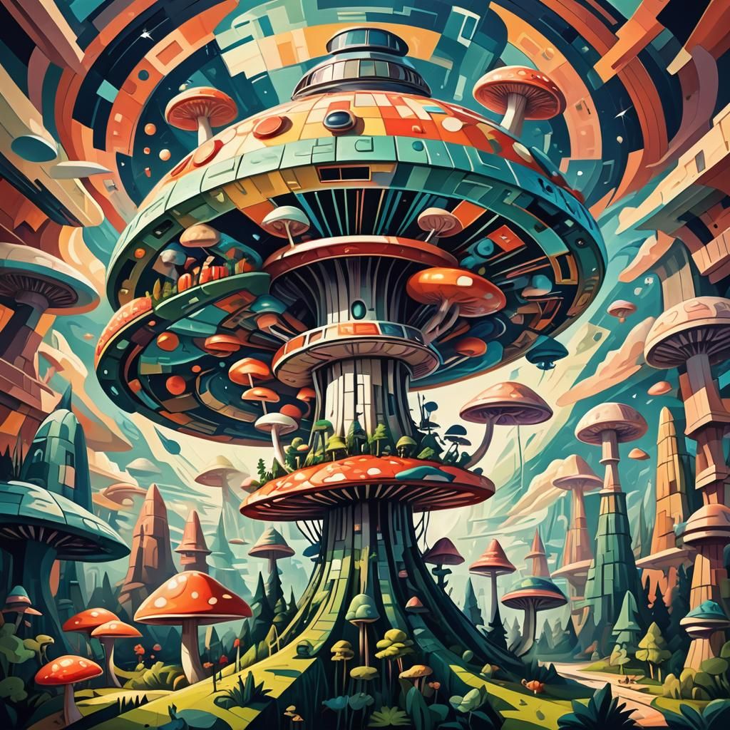 Mushroom UFO with Alien in Cubist Style