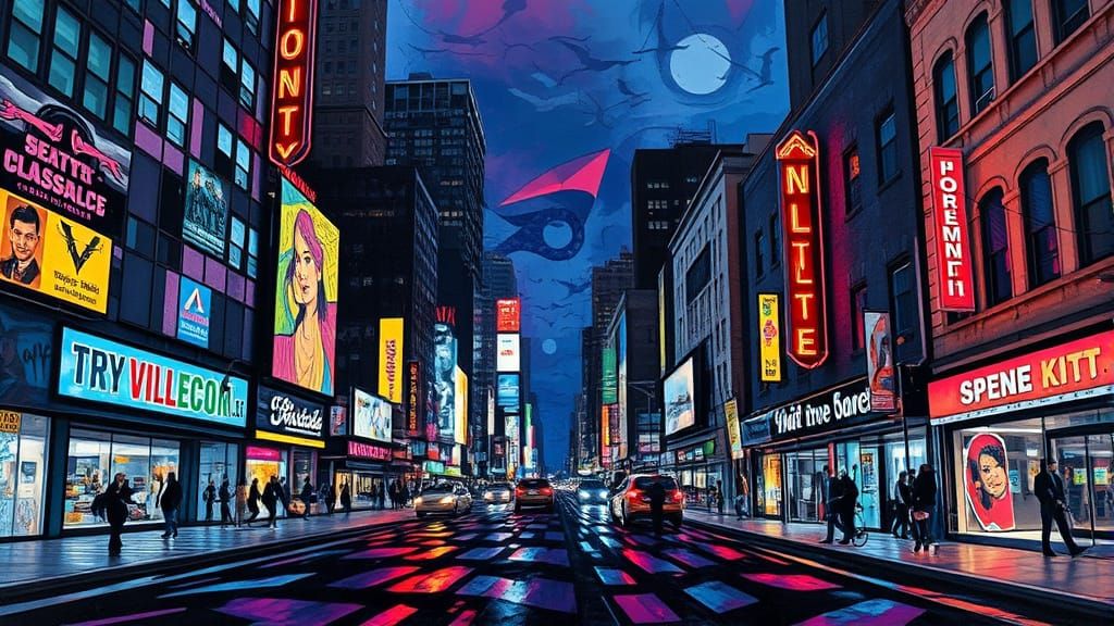 Surreal Cityscape in Vibrant Street Art Style