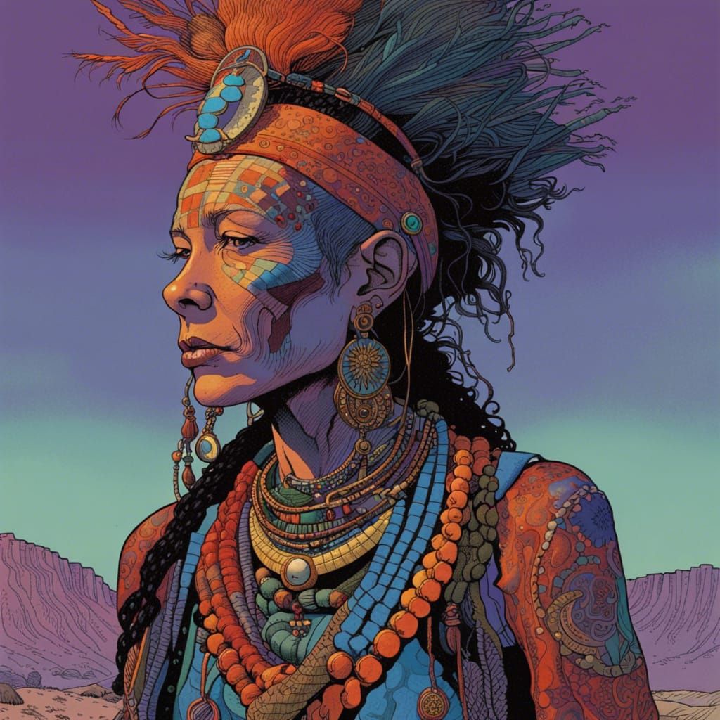 Punk-Rock Shaman Portrait in Ligne Claire Style