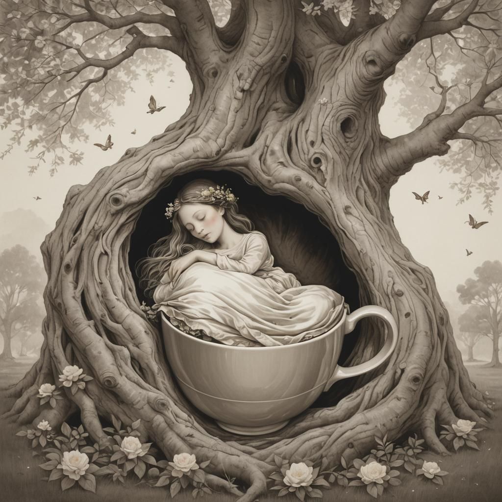 A tree with a beautiful woman sleeping unfolding within a teacup.