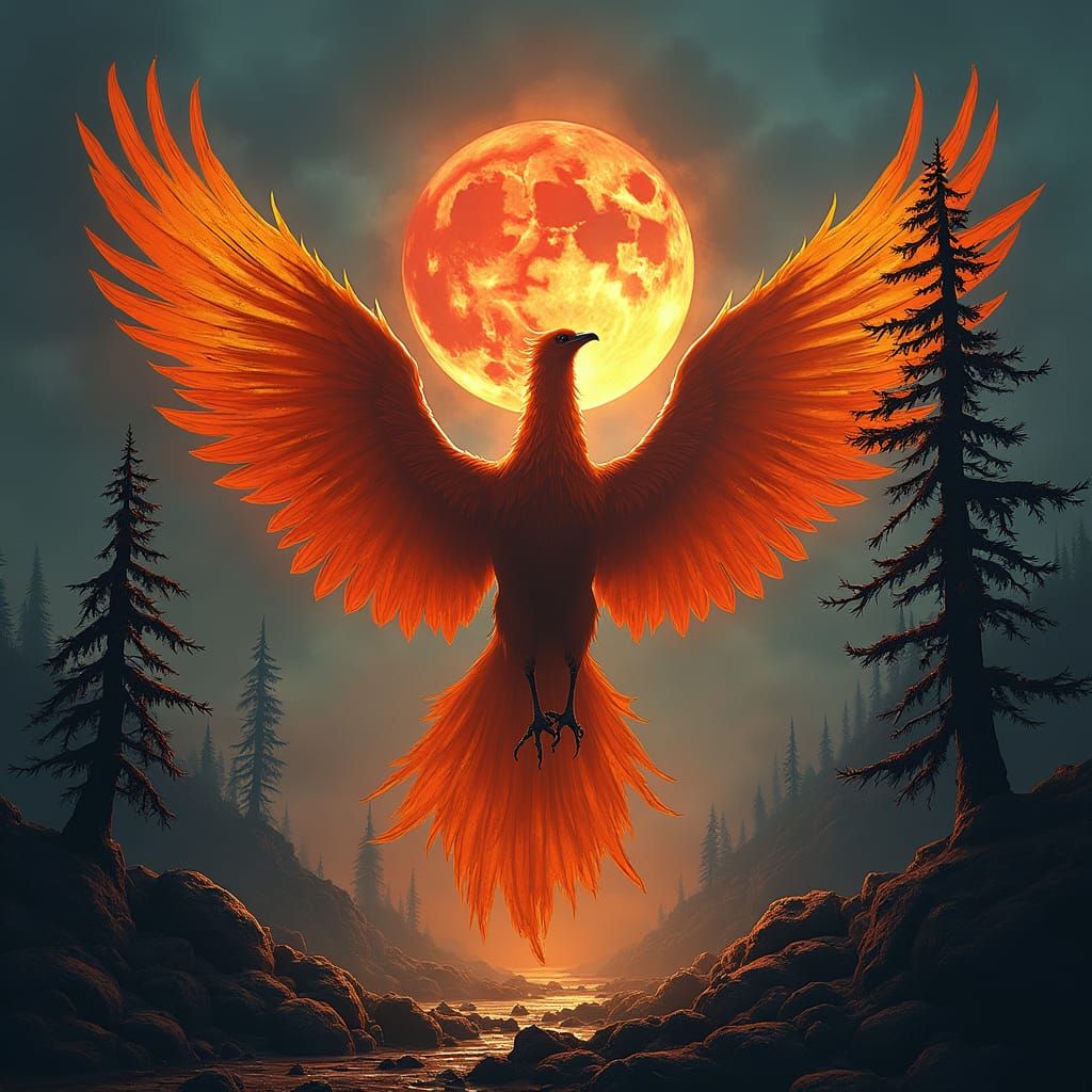 Phoenix Rising Under Blood Moon in Surreal Style
